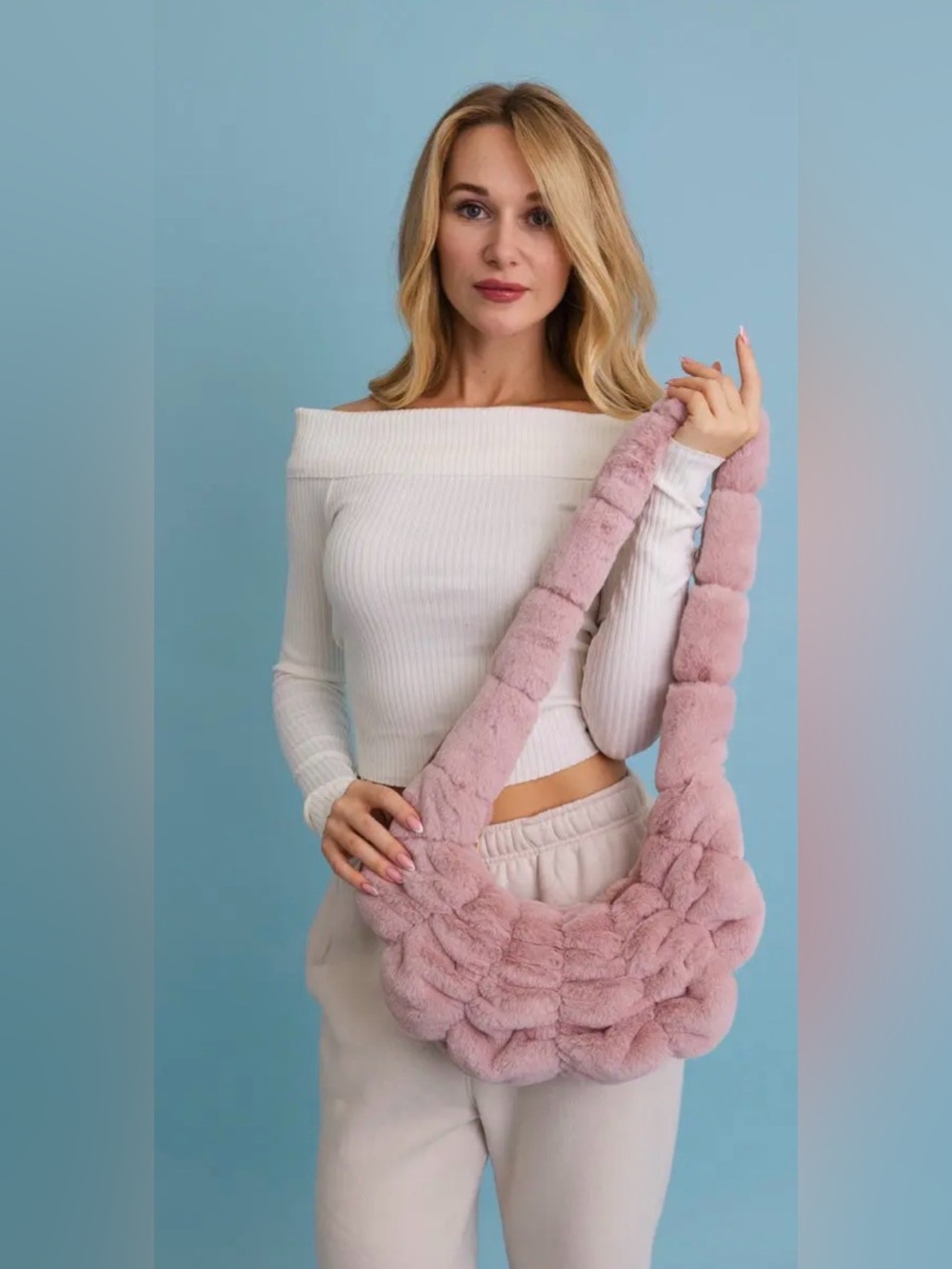 Plush Cloud Knot Pink Crossbody Bag with Black Heart Bag Charm